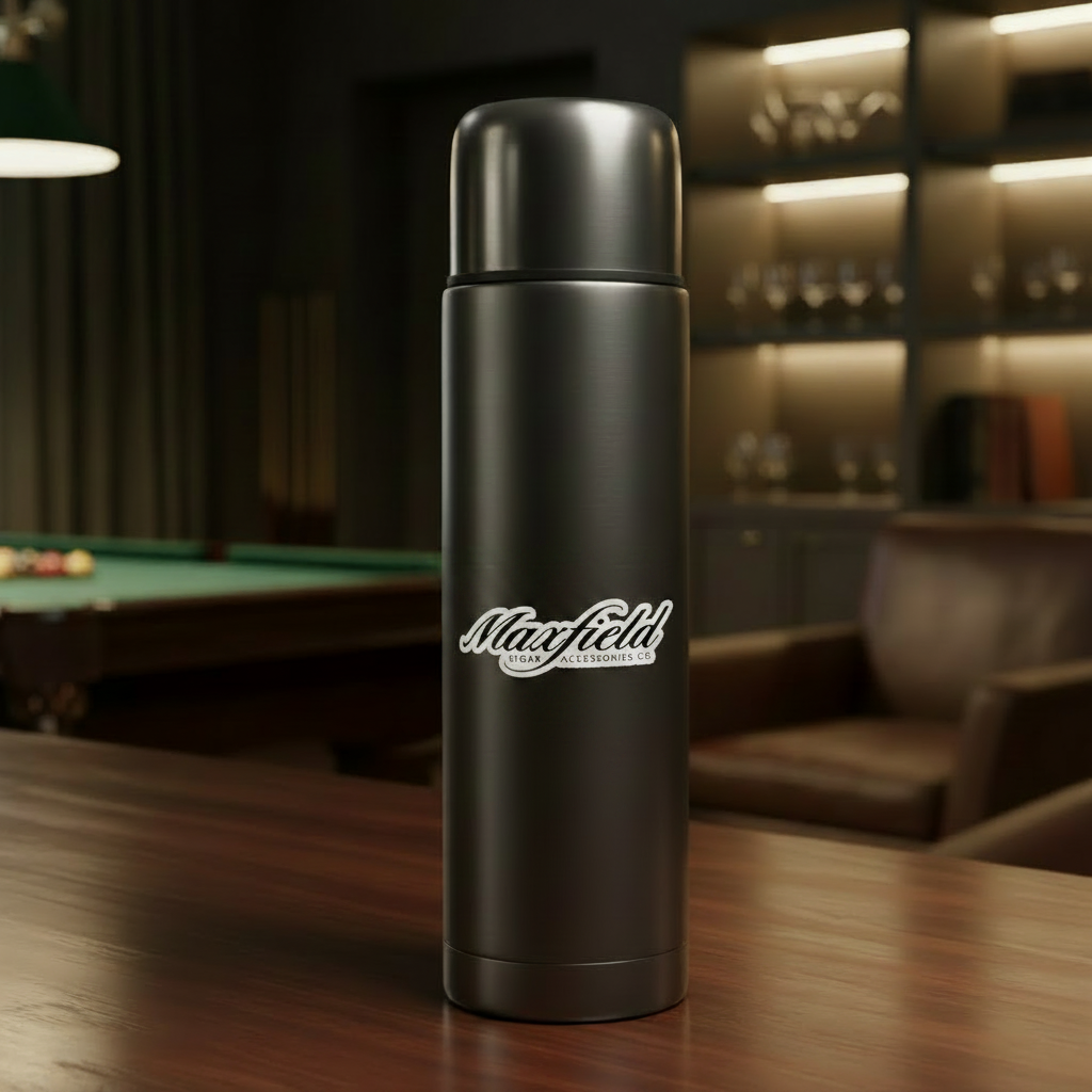 Metal thermos with 'Maxfield' logo on a sticker, sitting on a wooden table in a dimly lit room.