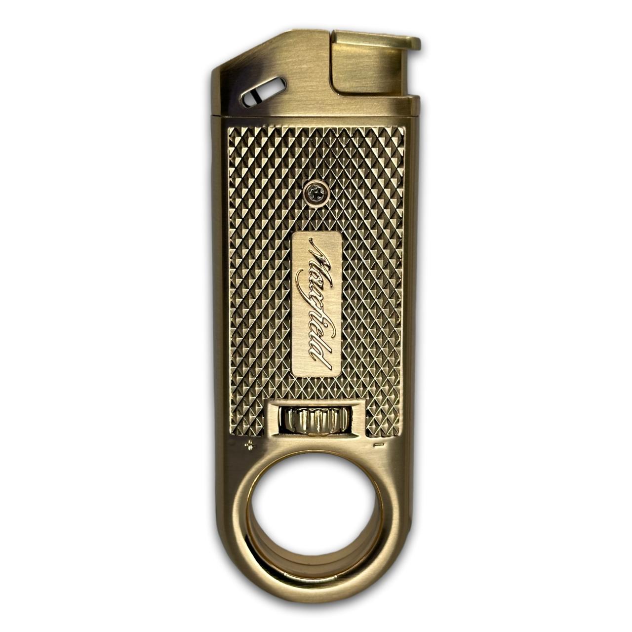 Brass lighter with textured surface and brand logo on a white background