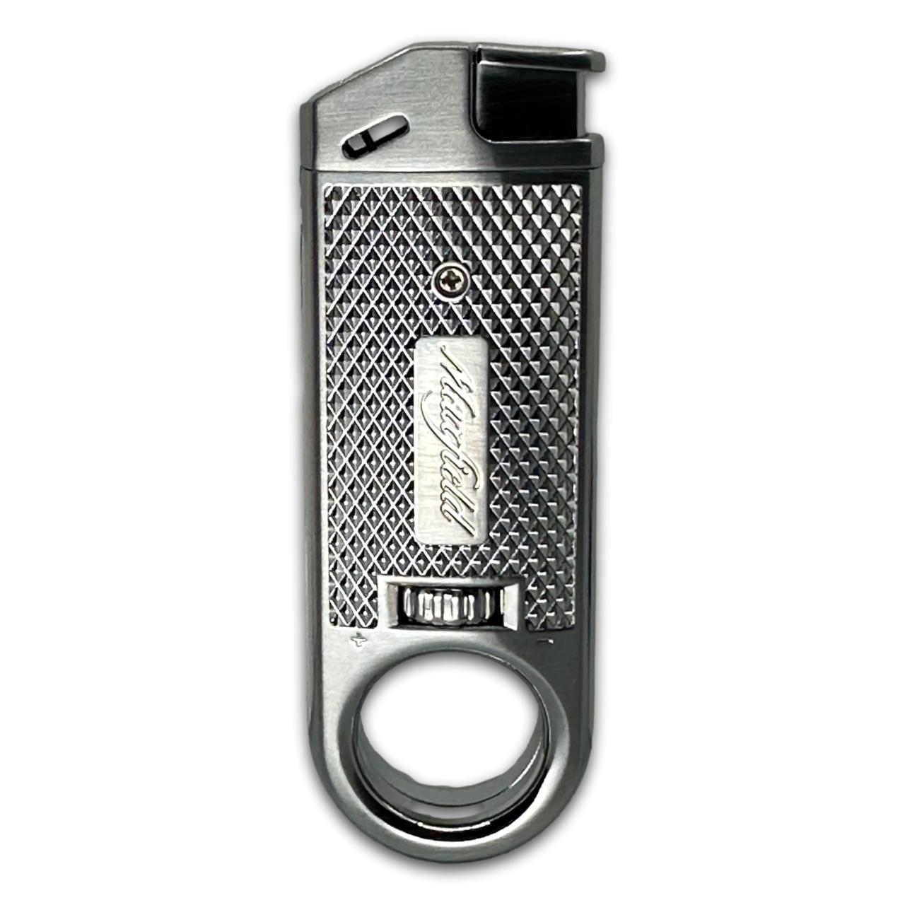 Metallic lighter with textured design on a white background
