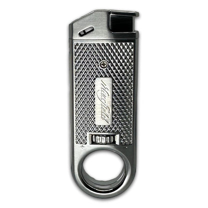 Metallic lighter with textured design on a white background