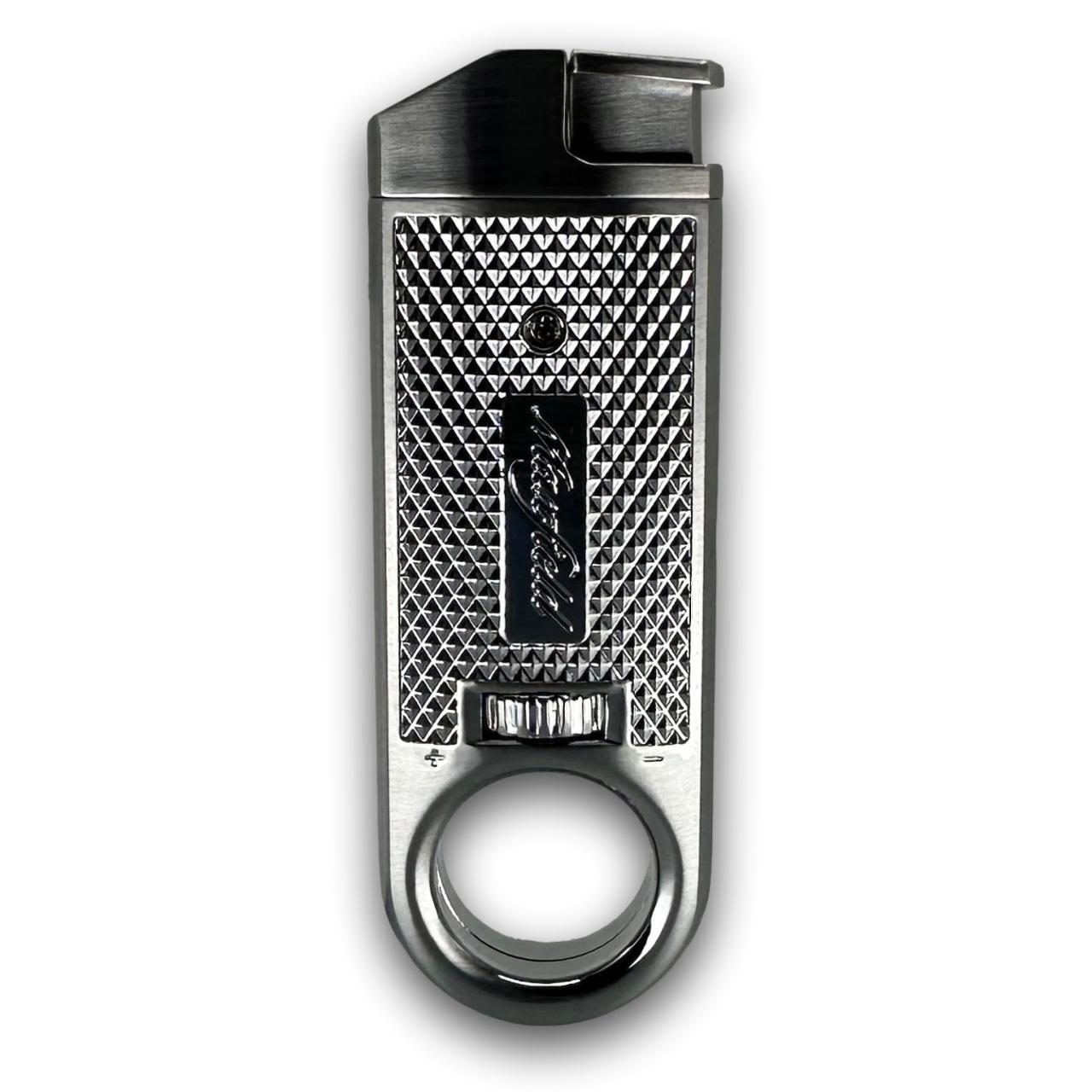 Metallic lighter with textured design on a white background