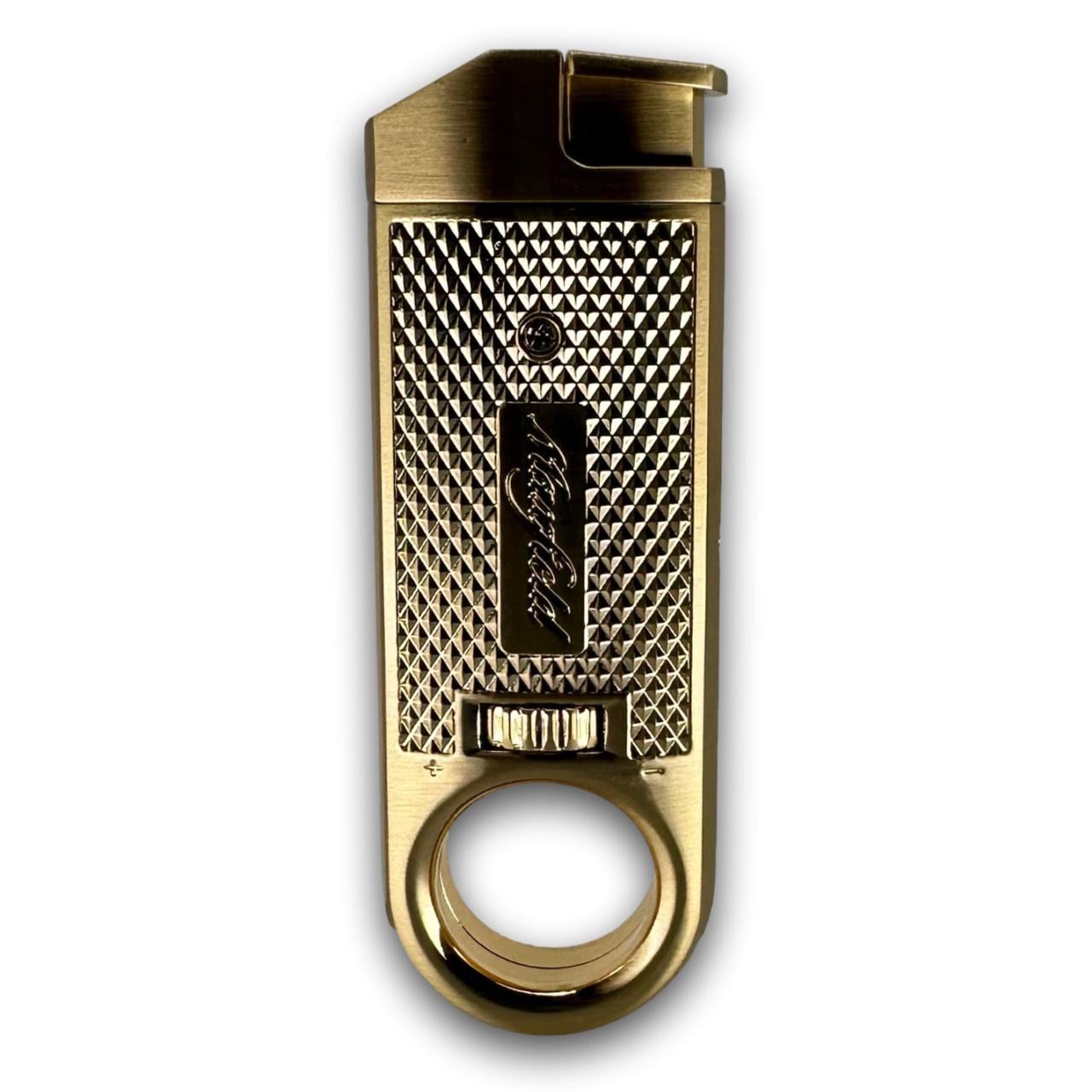 A Maxfield Slim Diamond Torch Flame Cigar Lighter with a silver and black color scheme, featuring a solid metal casing and a butane level window.