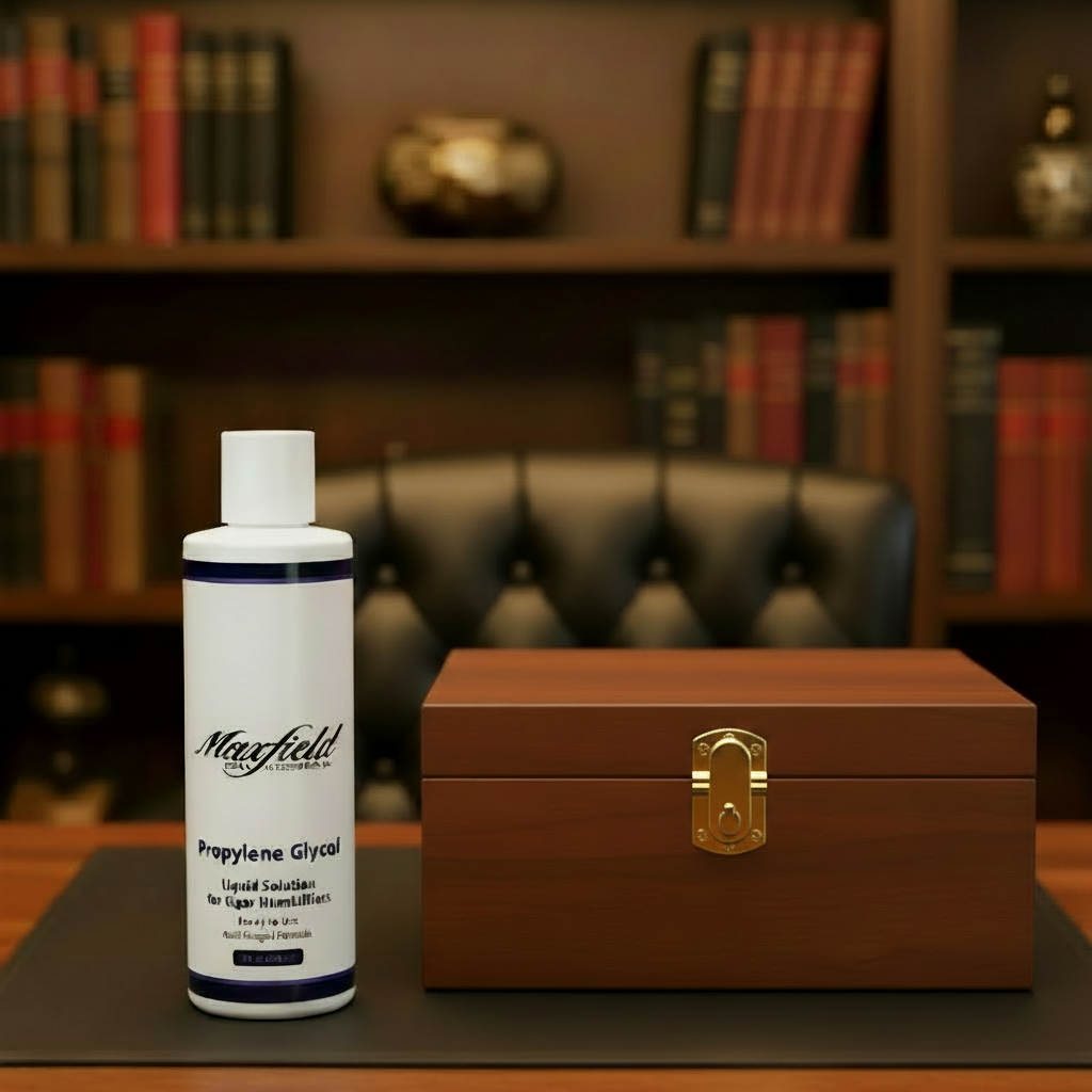 Maxfield propylene glycol bottle with a wooden humidor on a table in front of a bookshelf.