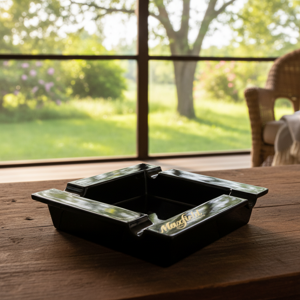 Black Maxfield ashtray with branding on a wooden table, outdoor setting with greenery.