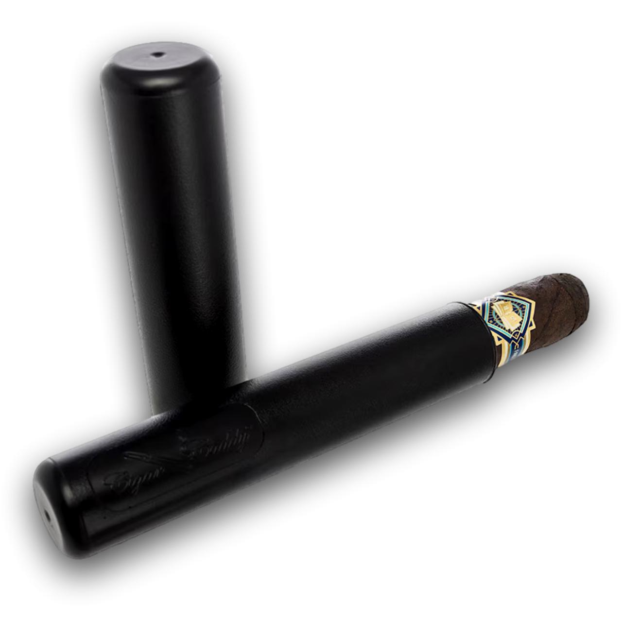 Maxfield x Cigar Caddy 1-Cigar Tube with cigar inserted, on a white background