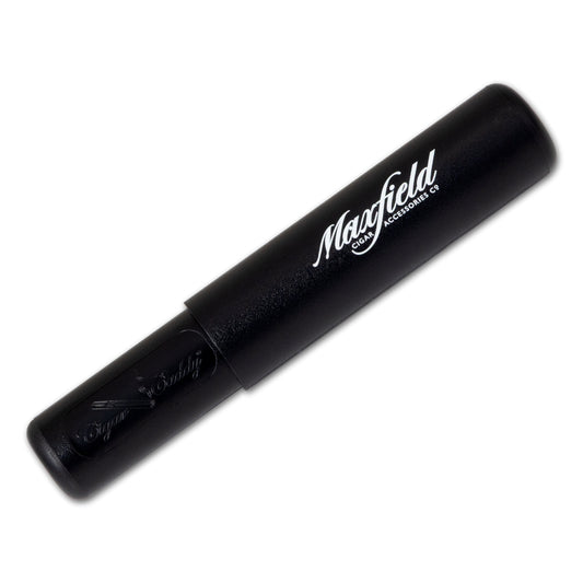 Black cigar case with 'Maxfield' branding on a white background