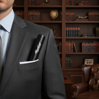 Man in a suit with a Maxfield cigar case in his pocket, standing in front of a bookshelf.