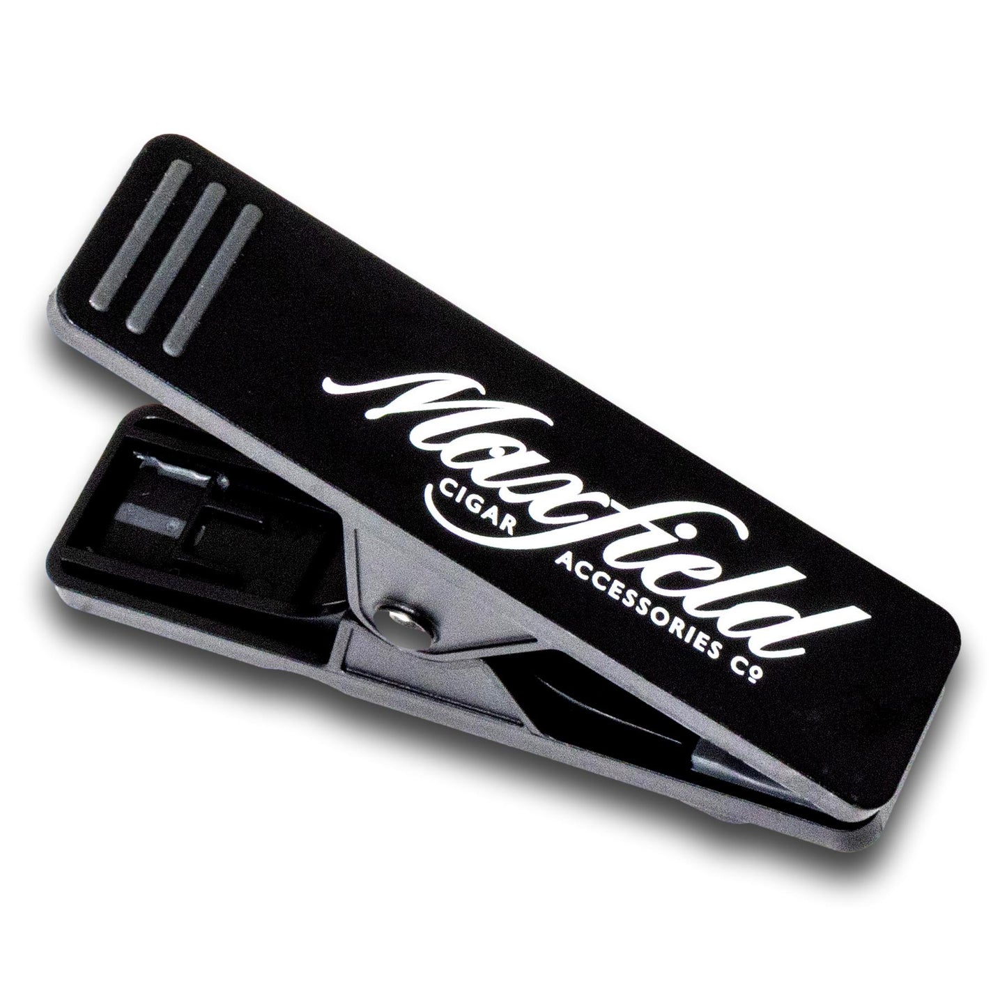 Black Maxfield Holdfast Cigar Clip with 'Maxfield Cigar Accessories Co' logo on a white background