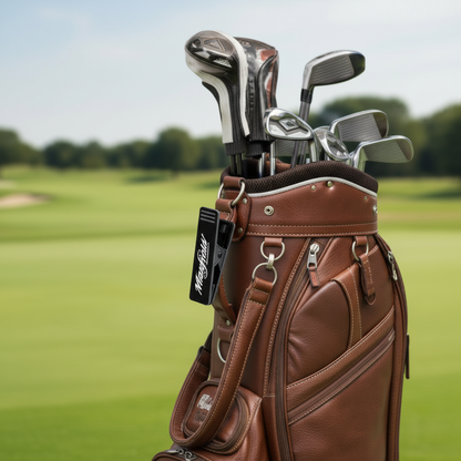 Brown golf bag with clubs on a golf course and the Maxfield Holdfast Cigar Clip attached.