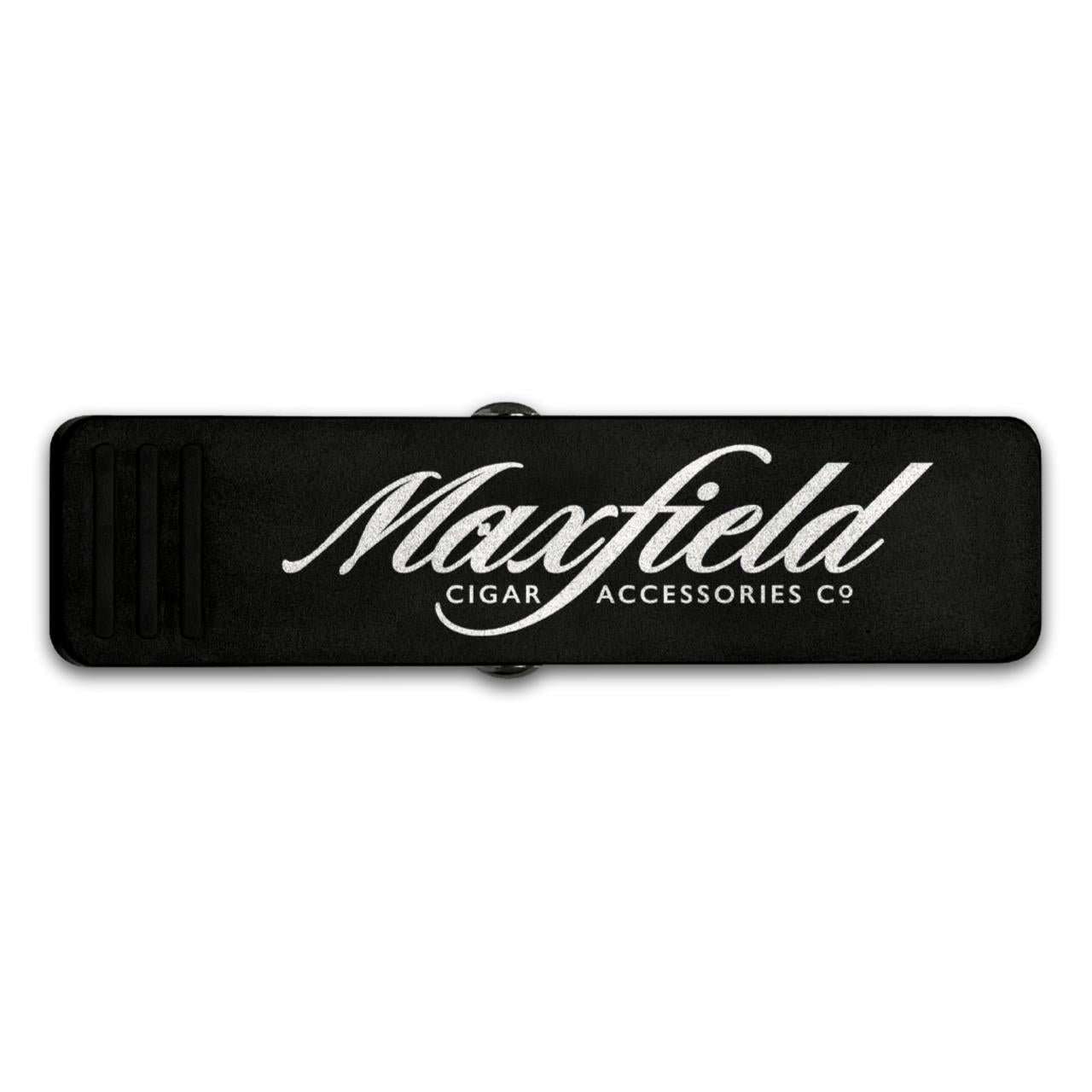 Black Maxfield x Get-a-Grip Cigar Clip with 'Maxfield Cigar Accessories Co' logo on a white background