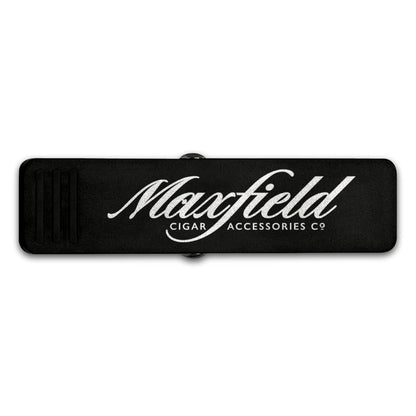 Black Maxfield x Get-a-Grip Cigar Clip with 'Maxfield Cigar Accessories Co' logo on a white background