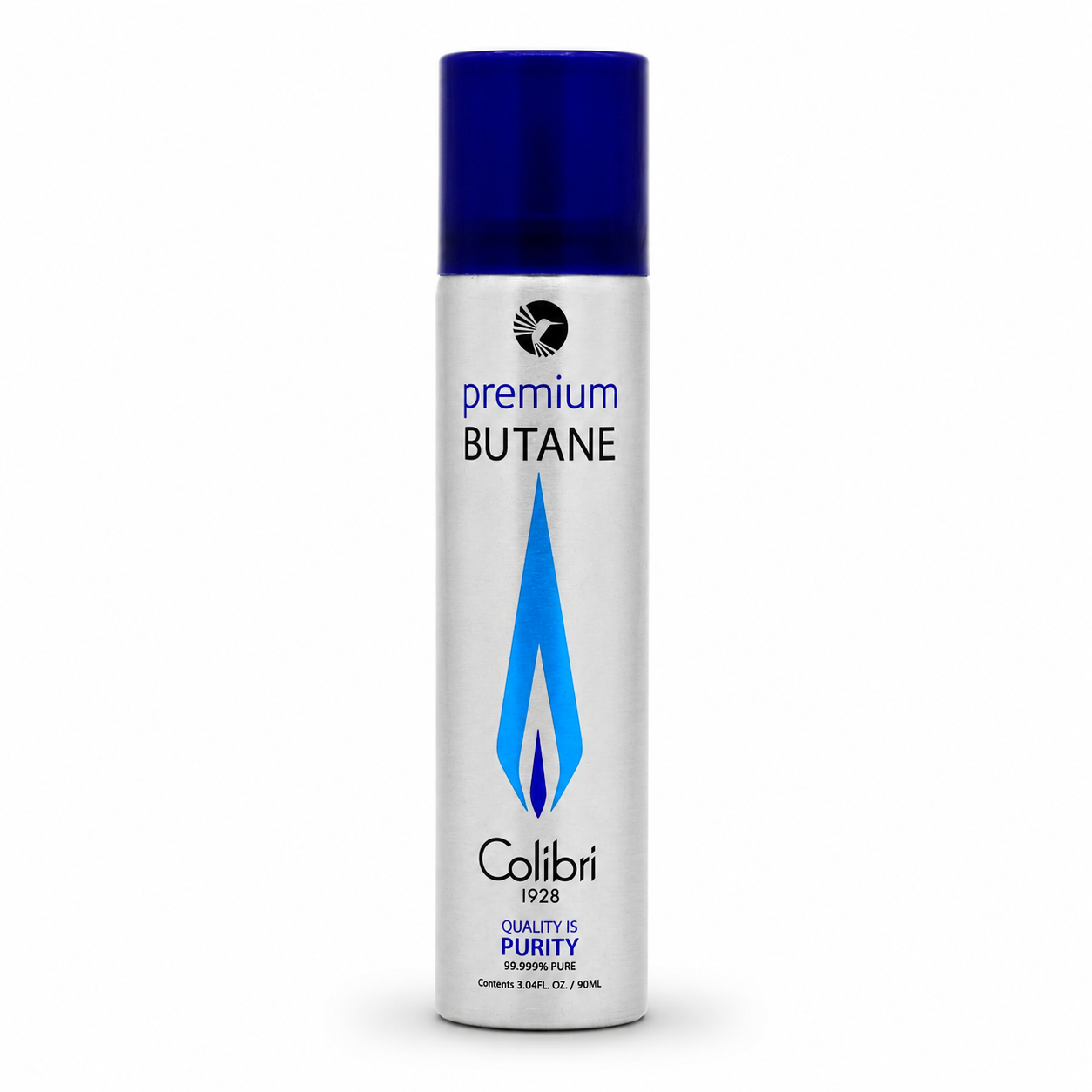 A single aerosol can of Colbri Calibri 1928 Premium Butane gas on a clean white background. The can features a metallic silver body with a dark blue cap and a blue and silver flame graphic.