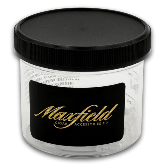 Clear container with black lid and Maxfield Cigar Accessories Co. label on a white background