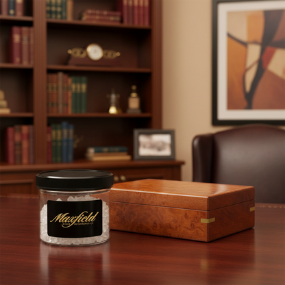 Maxfield Crystal Gel Jar with a black lid and wooden box on a desk in an office setting