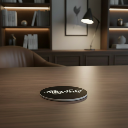 Coaster with 'Maxfield' branding on a drink coaster sitting on a wooden table in a cozy room setting.