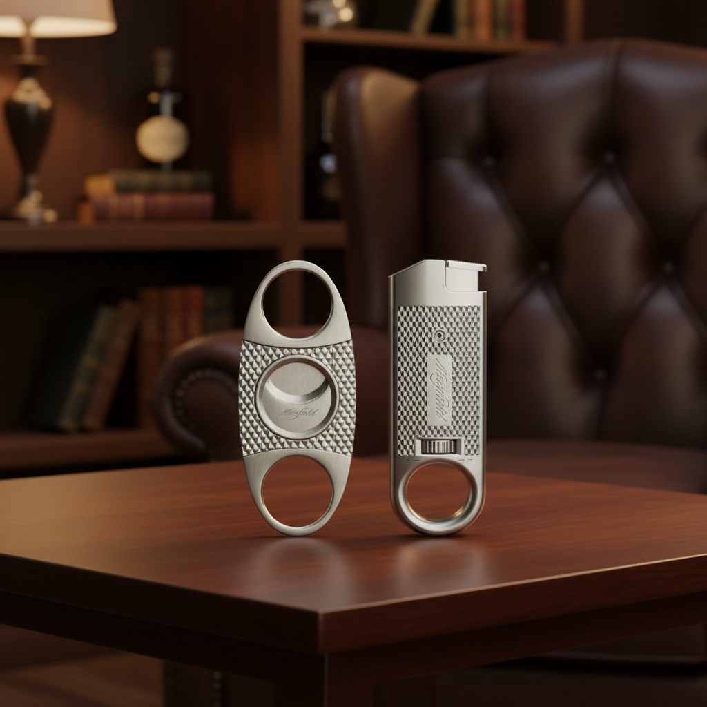 Maxfield cigar cutter and torch lighter on a wooden table with a blurred background.