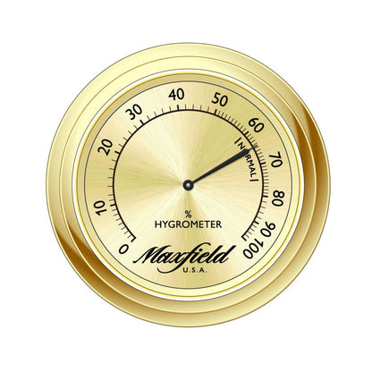 Gold-colored hygrometer with 'Maxfield' branding on a white background