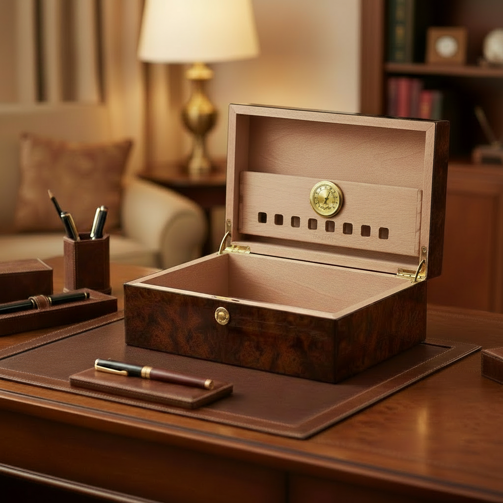 Wooden humidor with Maxfield hygrometer on a desk with stationery items in a cozy room setting.
