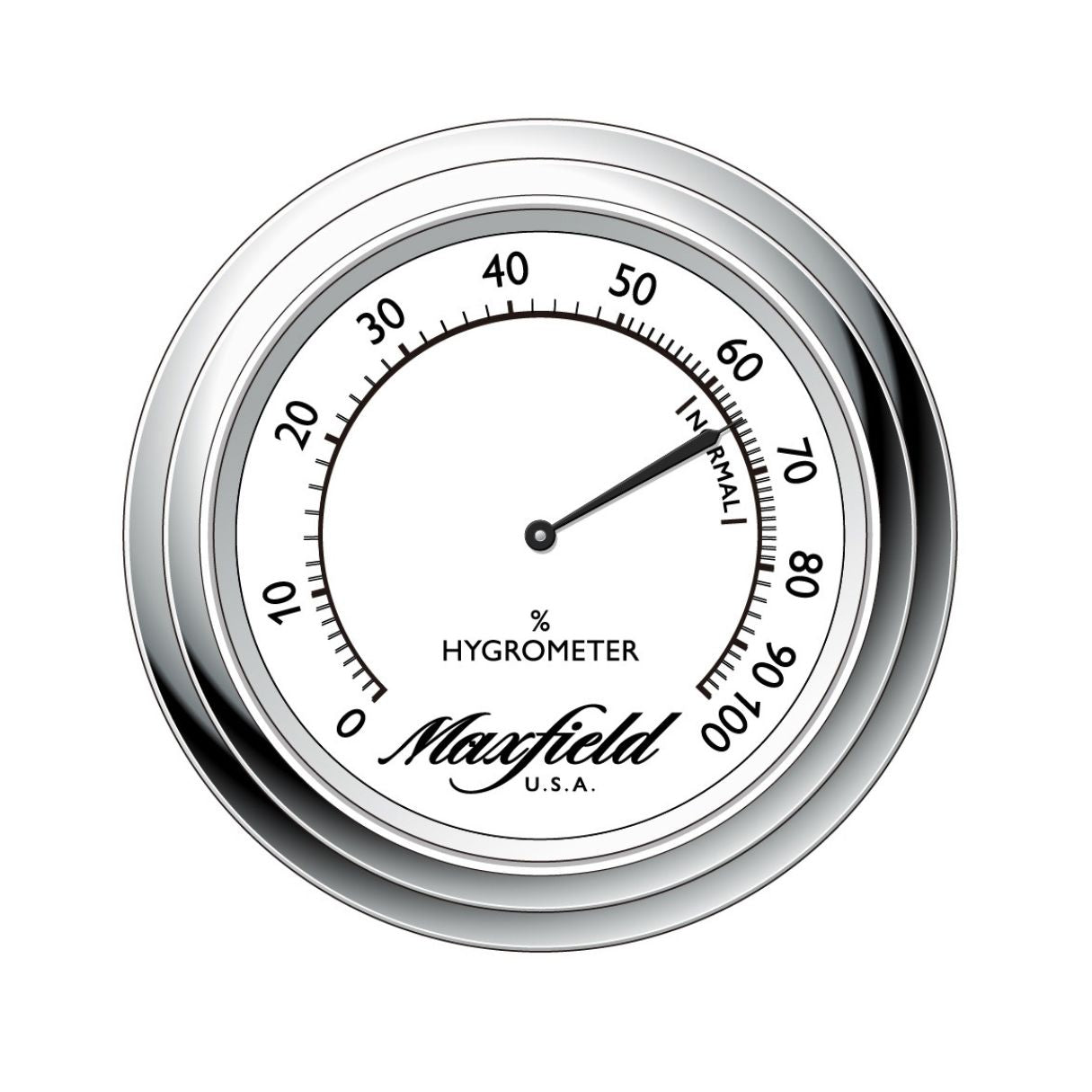 Maxfield hygrometer with silver rim on a white background