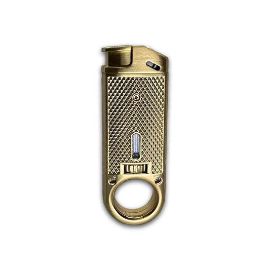 Gold lighter with textured surface on a white background