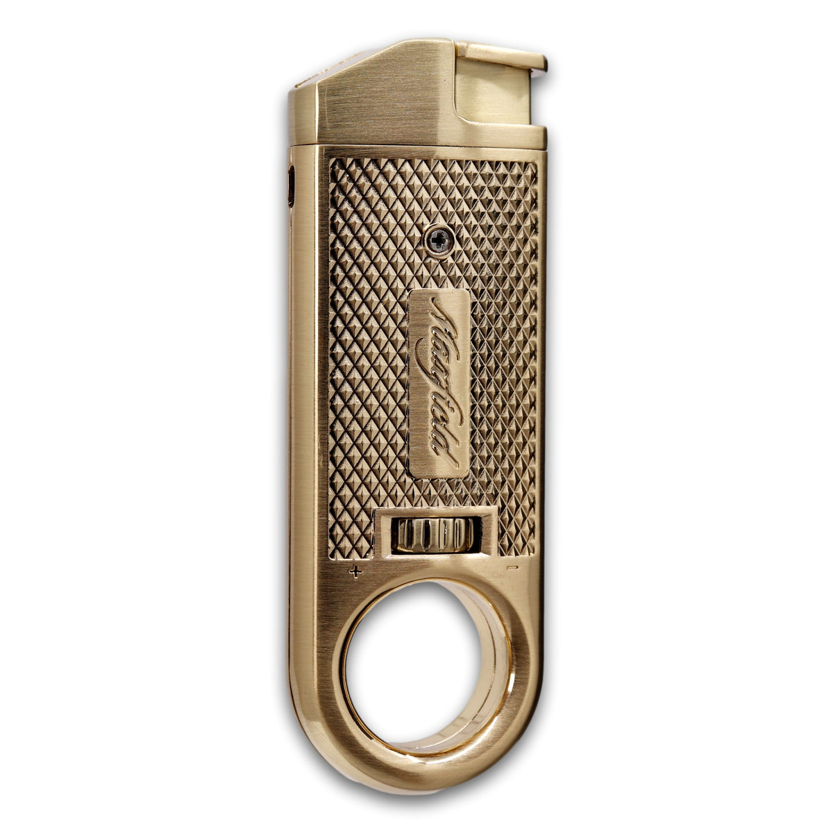 A gold metal Maxfield torch lighter cigar with a textured grip, and a circular finger ring at the bottom, shown on a plain white background.