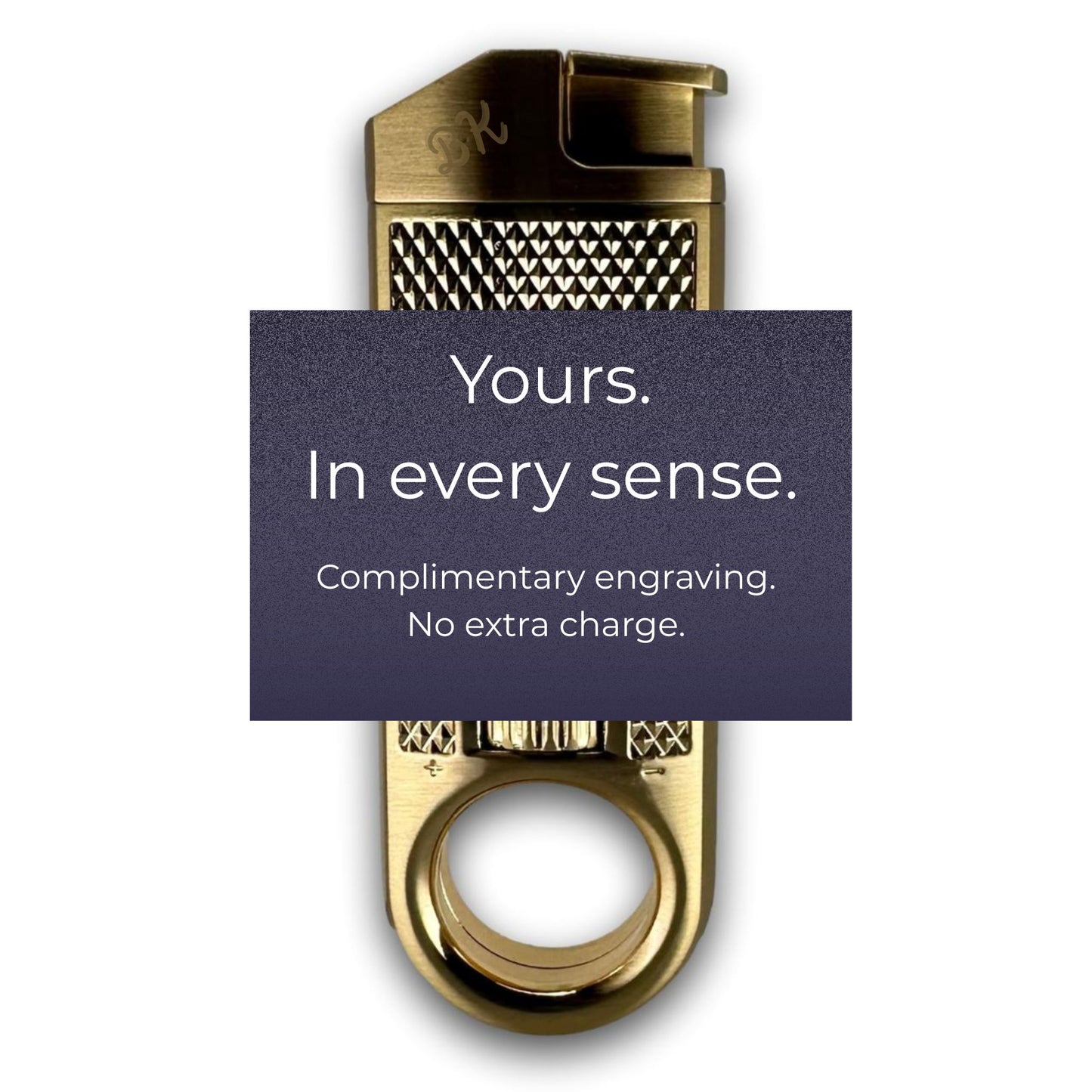 The Maxfield torch lighter with a textured top and a circular ring at the base, shown on a white background with a dark purple text overlay reading 'Yours. In every sense.