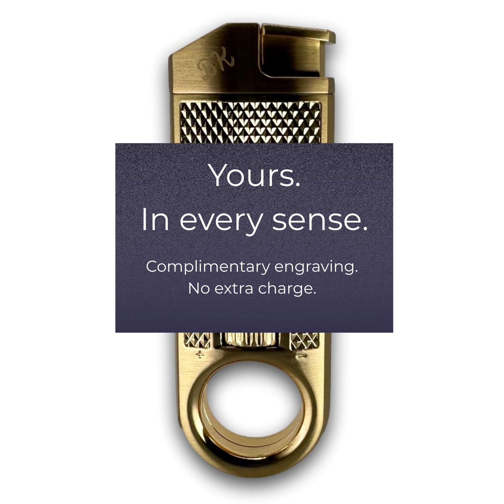 The Maxfield torch lighter with a textured top and a circular ring at the base, shown on a white background with a dark purple text overlay reading 'Yours. In every sense.