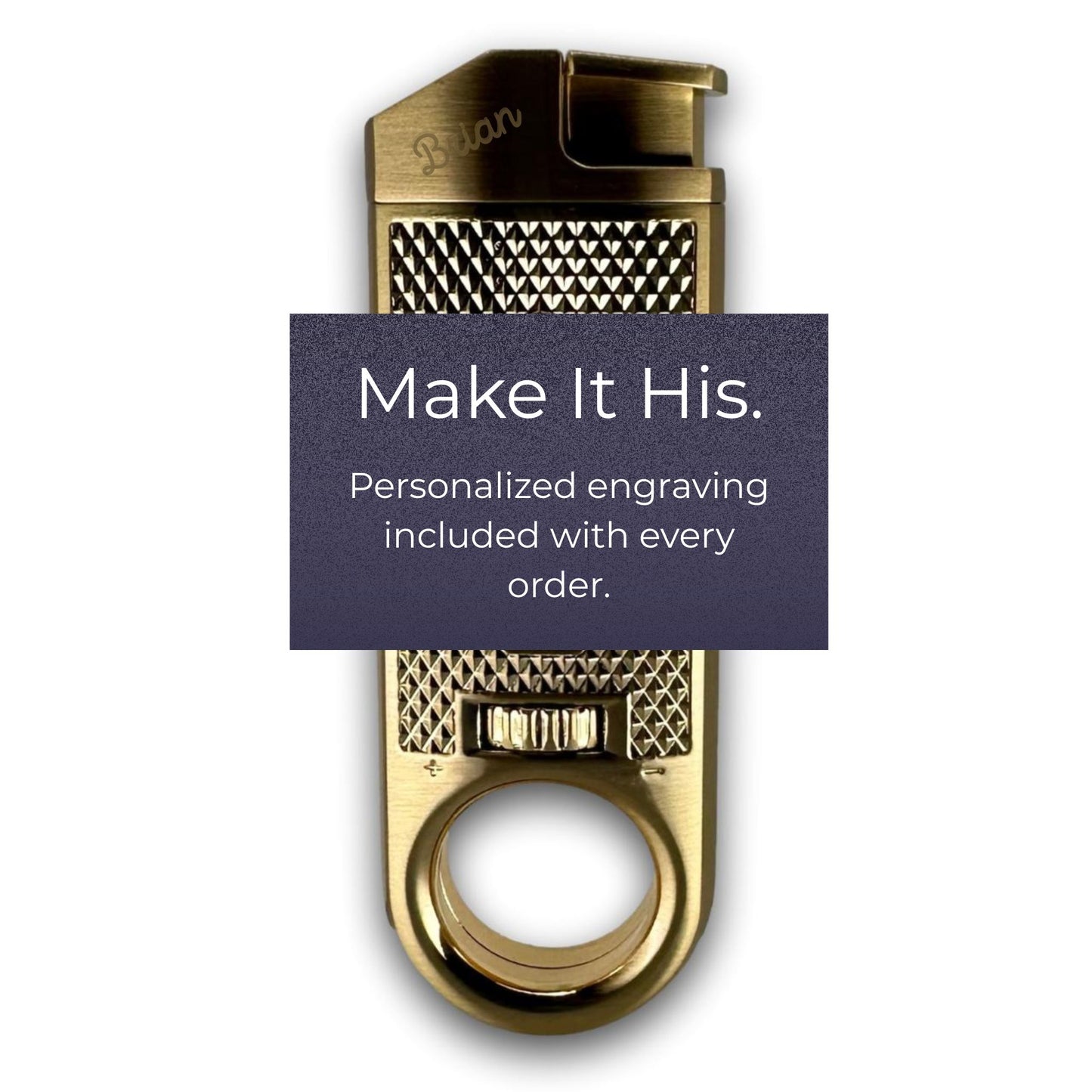The Maxfield torch lighter lighter with a textured grip and a circular ring at the bottom, featuring a dark purple text banner overlay that reads 'Make It His. Personalized engraving included with every order.