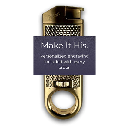 The Maxfield torch lighter lighter with a textured grip and a circular ring at the bottom, featuring a dark purple text banner overlay that reads 'Make It His. Personalized engraving included with every order.