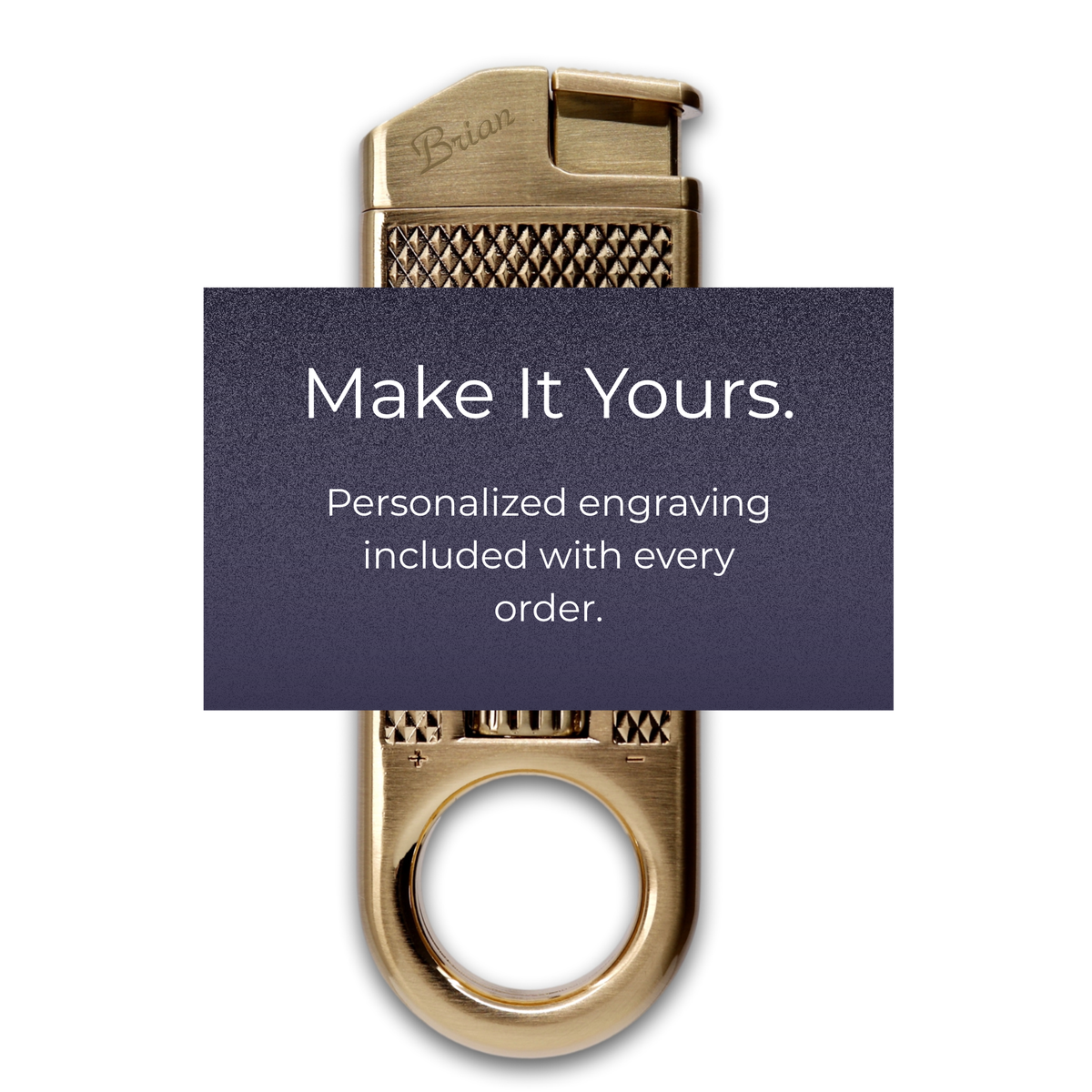 The Maxfield torch lighter with a textured top and a circular ring at the base, shown on a white background with a dark purple text overlay reading 'Yours. In every sense.