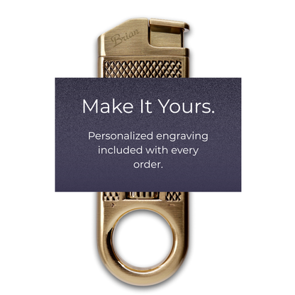 The Maxfield torch lighter with a textured top and a circular ring at the base, shown on a white background with a dark purple text overlay reading 'Yours. In every sense.