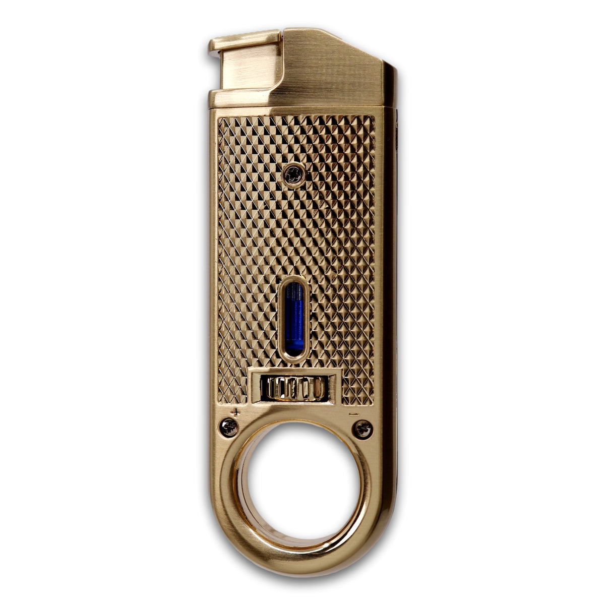 A gold metal Maxfield torch lighter cigar with a textured grip, fuel tank window, and a circular finger ring at the bottom, shown on a plain white background.