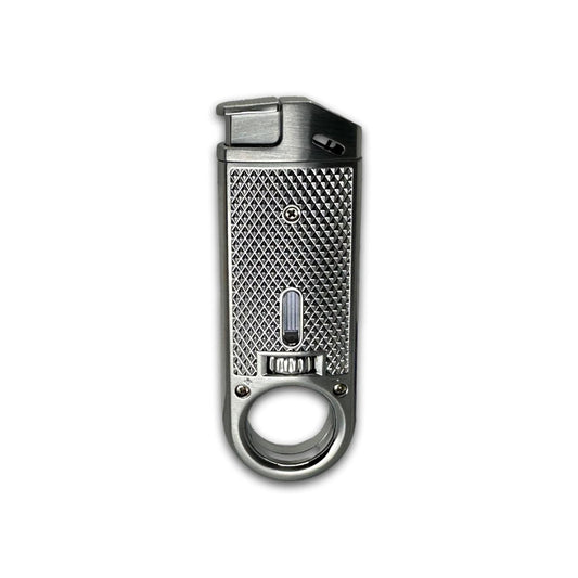 Metallic lighter with textured design on a white background