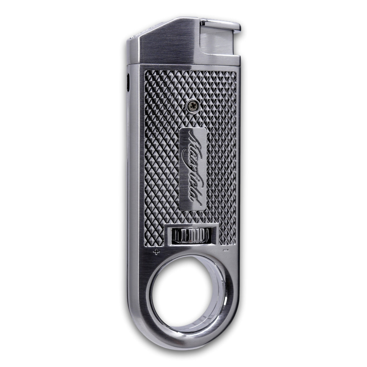 A silver metal Maxfield torch lighter cigar with a textured grip, and a circular finger ring at the bottom, shown on a plain white background.