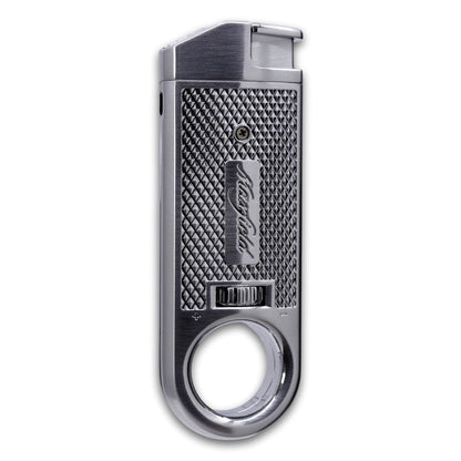 A silver metal Maxfield torch lighter cigar with a textured grip, and a circular finger ring at the bottom, shown on a plain white background.