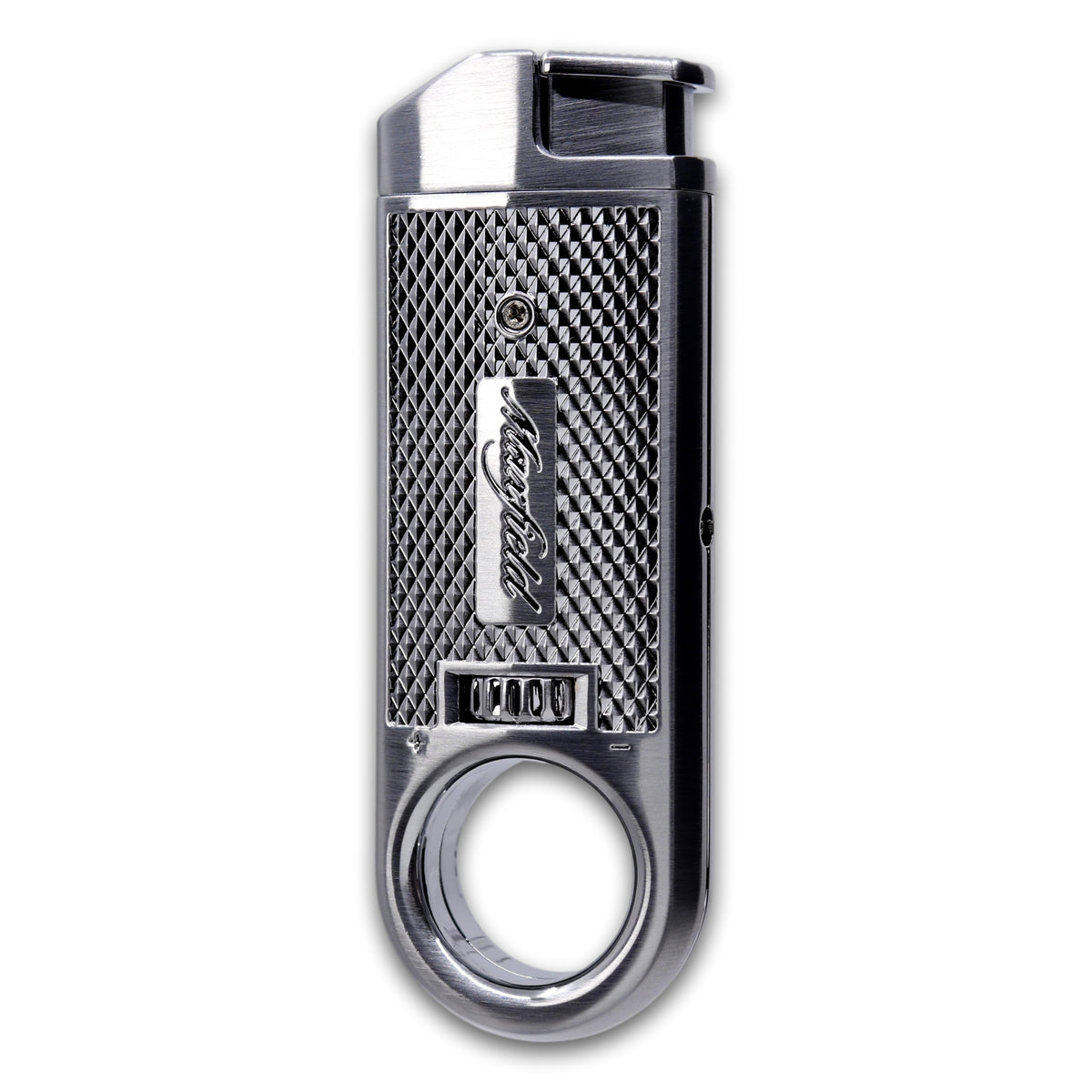 A silver metal Maxfield torch lighter cigar with a textured grip, and a circular finger ring at the bottom, shown on a plain white background.