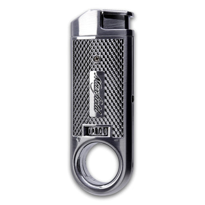 A silver metal Maxfield torch lighter cigar with a textured grip, and a circular finger ring at the bottom, shown on a plain white background.