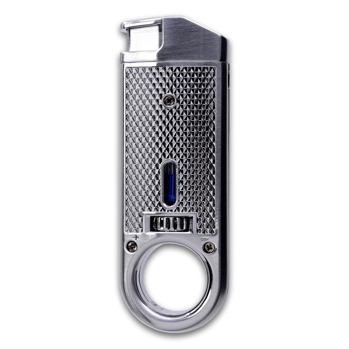 A silver metal Maxfield torch lighter cigar with a textured grip, fuel tank window, and a circular finger ring at the bottom, shown on a plain white background.