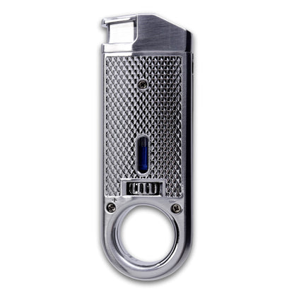 A silver metal Maxfield torch lighter cigar with a textured grip, fuel tank window, and a circular finger ring at the bottom, shown on a plain white background.