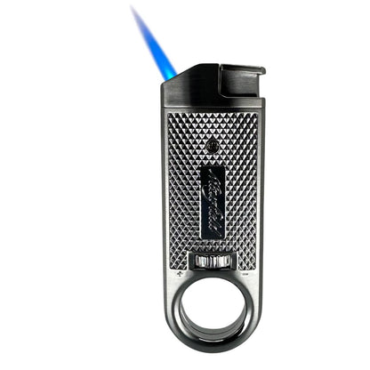 Maxfield torch lighter showing the flame comes out an an angle for easier cigar lighting.