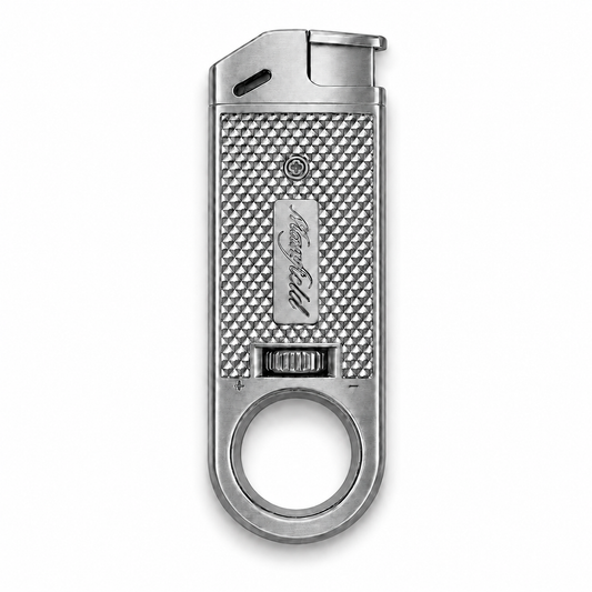 Metallic lighter with textured design on a white background