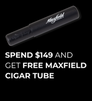 A black Maxfield cigar tube with white script branding, shown against a plain white background.