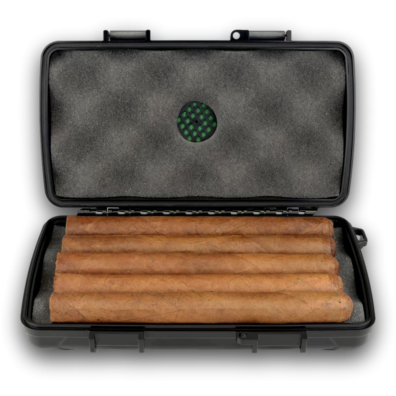Maxfield x Xikar 5-Cigar Travel Humidor showing inside view with cigars