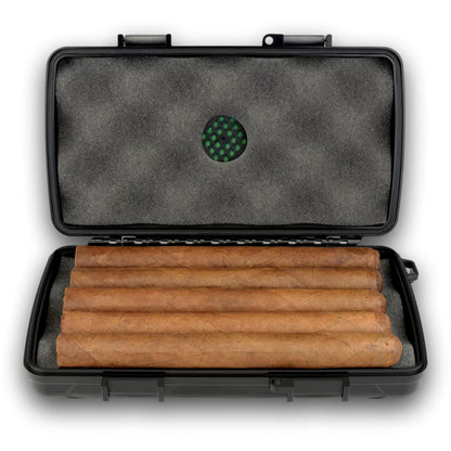 Maxfield x Xikar 5-Cigar Travel Humidor showing inside view with cigars