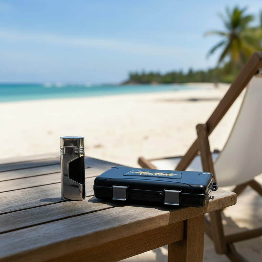 Cigar lighter and travel humidor case on a wooden table with a beach and palm tree in the background