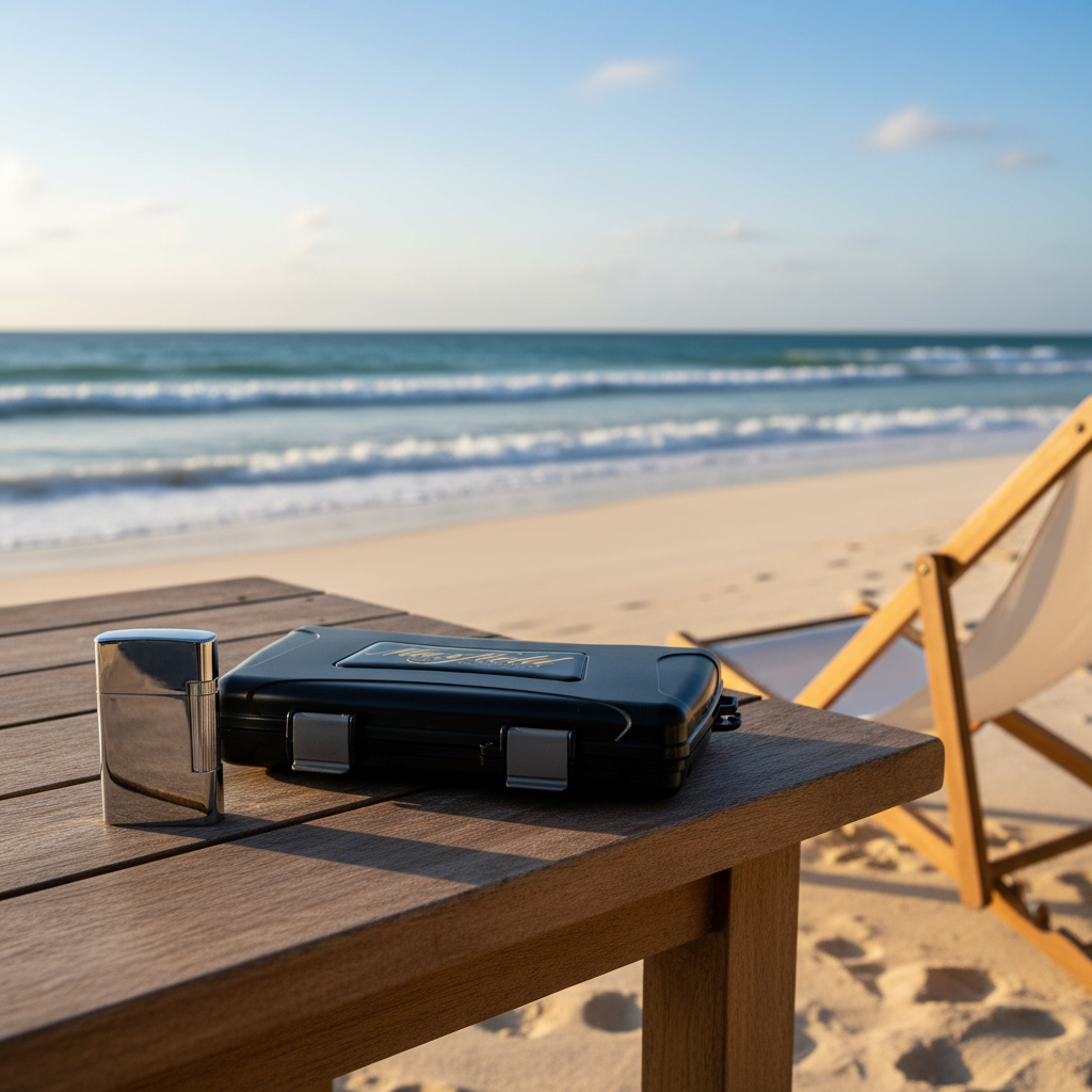 Maxfield cigar travel humidor on a wooden table at the beach