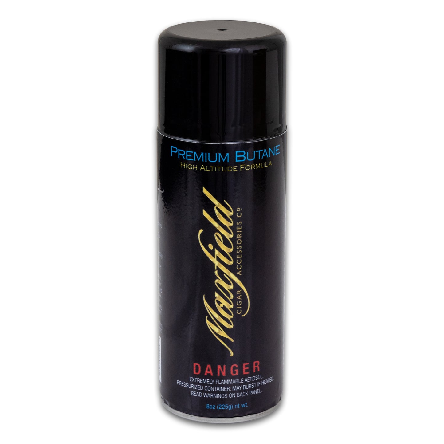 Black canister of Maxfield Premium Butane on a white background