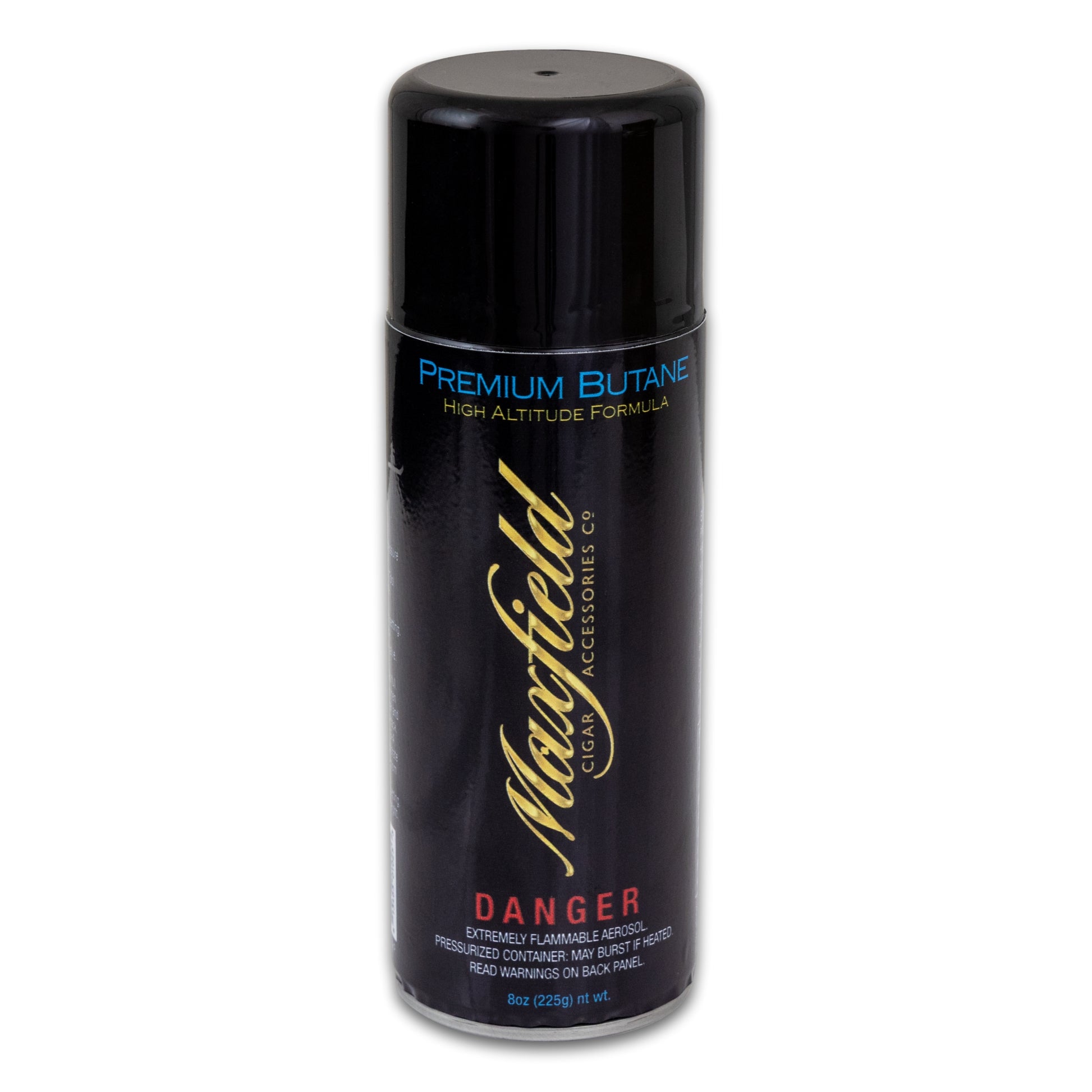 Black canister of Maxfield Premium Butane on a white background