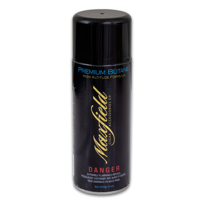 Black canister of Maxfield Premium Butane on a white background