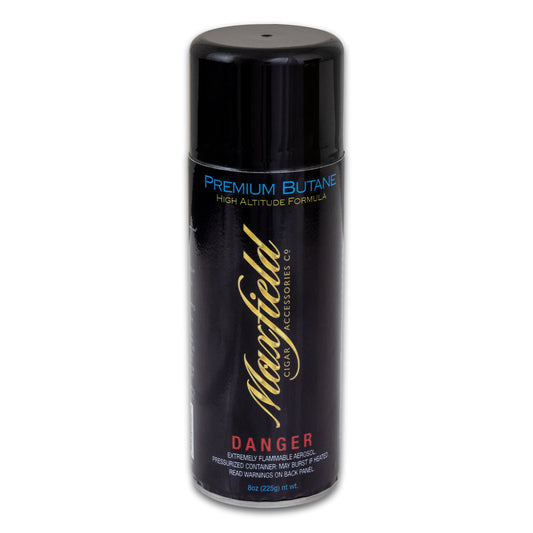 Black canister of Maxfield Premium Butane on a white background